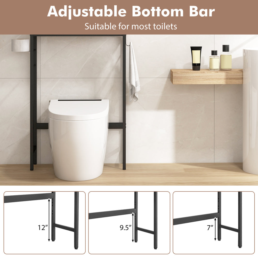 Adjustable bottom bar on the black over-the-toilet storage cabinet, suitable for most toilets and enhancing bathroom.