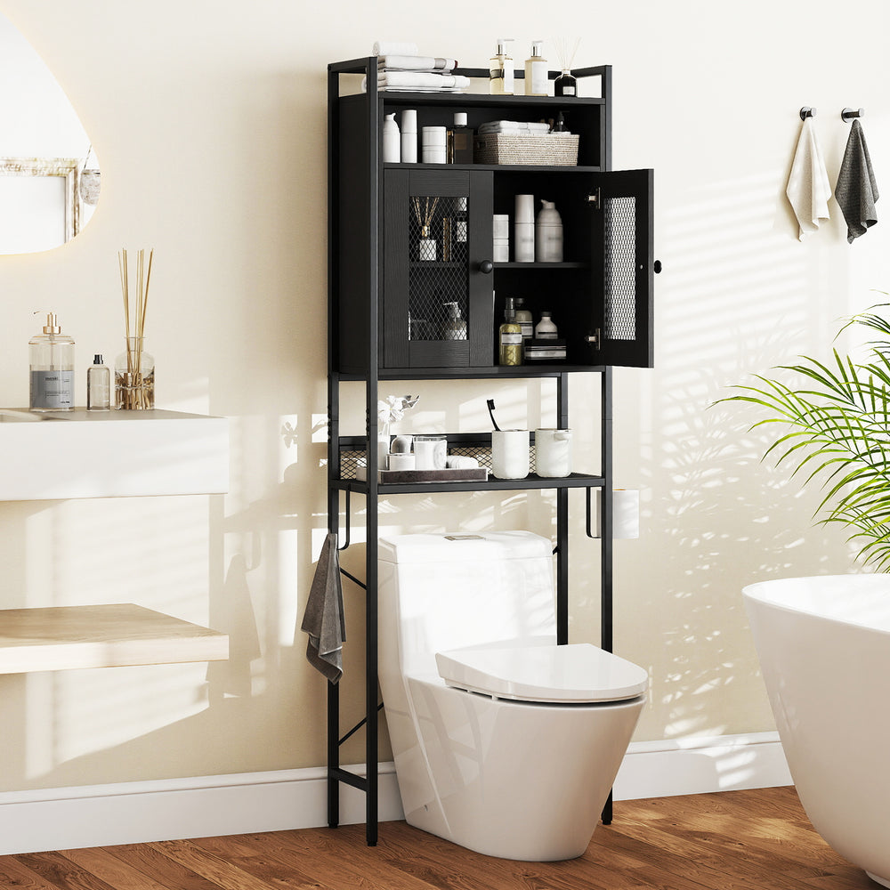 Over-the-toilet storage cabinet in black with adjustable shelves and farmhouse design, perfect for bathroom.