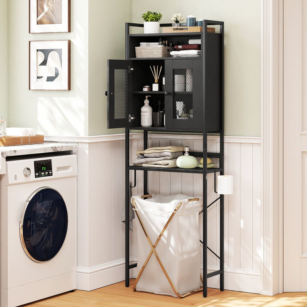 Freestanding black over-the-toilet storage cabinet with two doors, adjustable shelves, and a sturdy metal frame for.