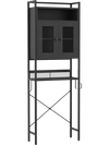 Freestanding black over-the-toilet storage cabinet with two doors, adjustable shelf, and sturdy metal frame for.