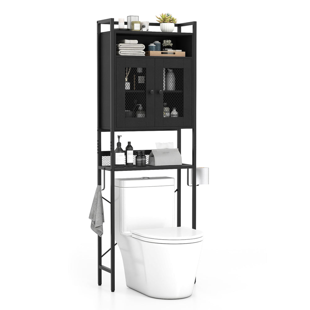 Over-the-toilet storage cabinet in black with adjustable shelves and metal frame, perfect for maximizing bathroom space.