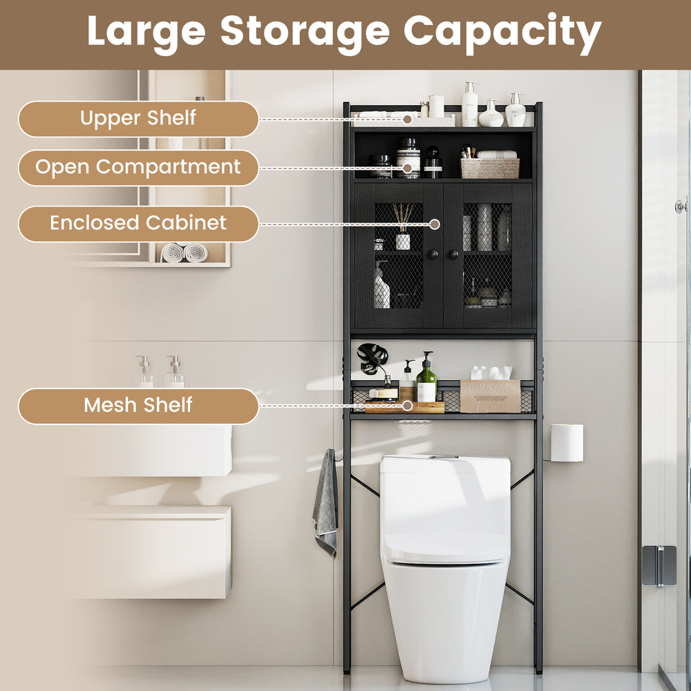 Over-the-toilet storage cabinet in black with heavy-duty metal frame, featuring adjustable shelves and enclosed cabinet.