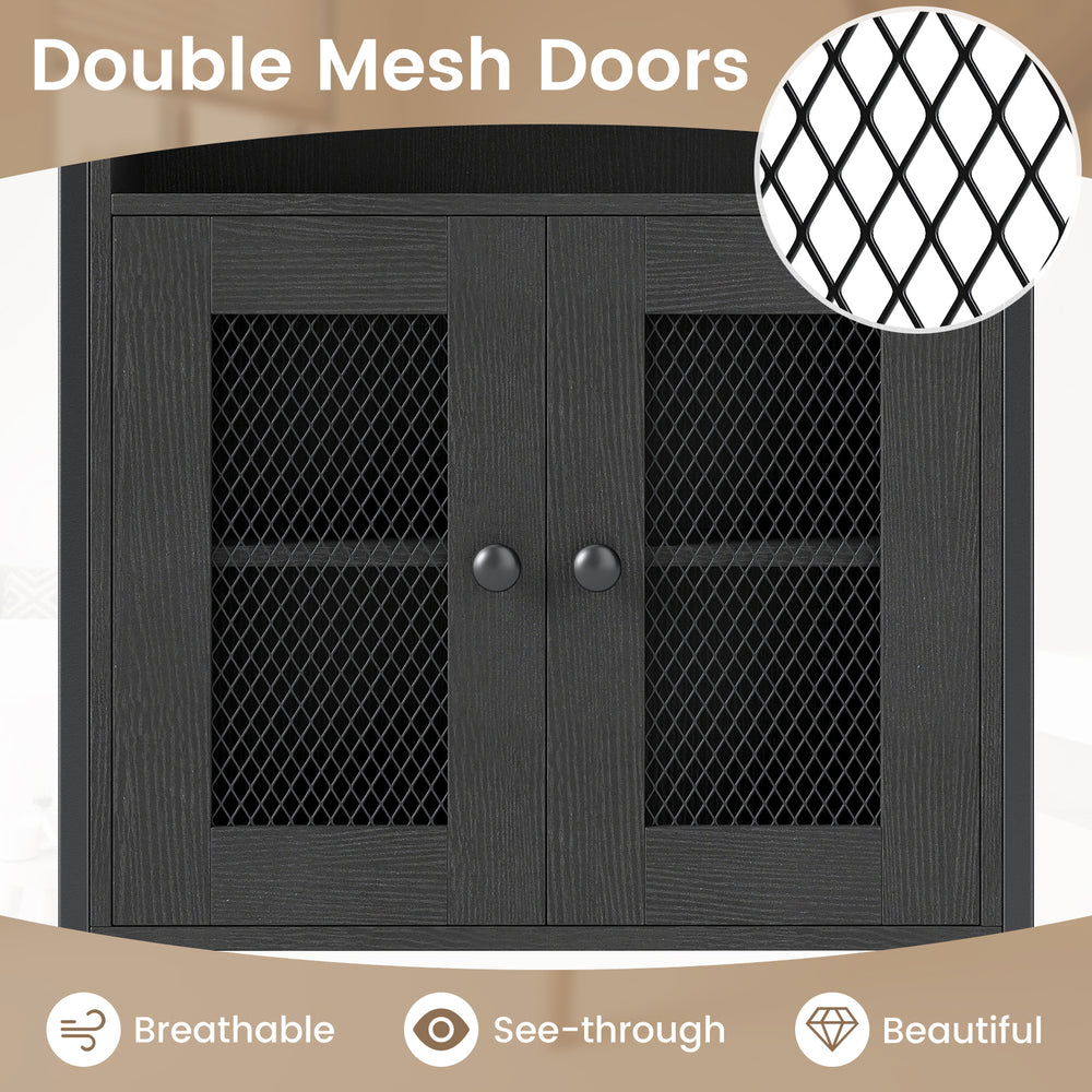 Double mesh doors of the black over-the-toilet storage cabinet with breathable design and convenient knobs for easy.
