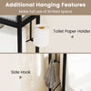 Over-the-toilet storage cabinet featuring a toilet paper holder and side hook, made of heavy-duty black metal.