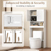 Over-the-toilet storage cabinet with double doors, adjustable shelf, and anti-toppling kits for bathroom organization.
