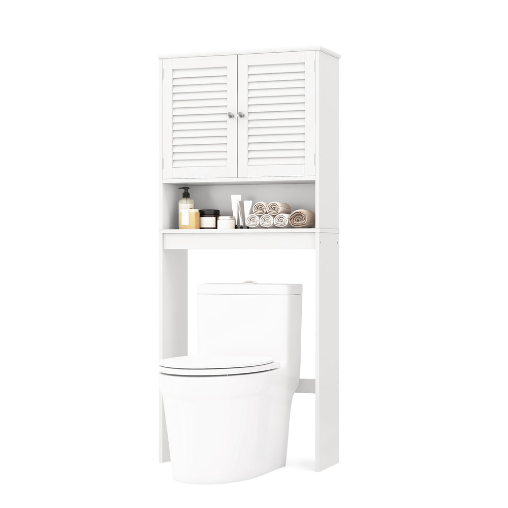 Over the toilet storage cabinet with double doors, adjustable shelf, and modern design for maximizing bathroom space.