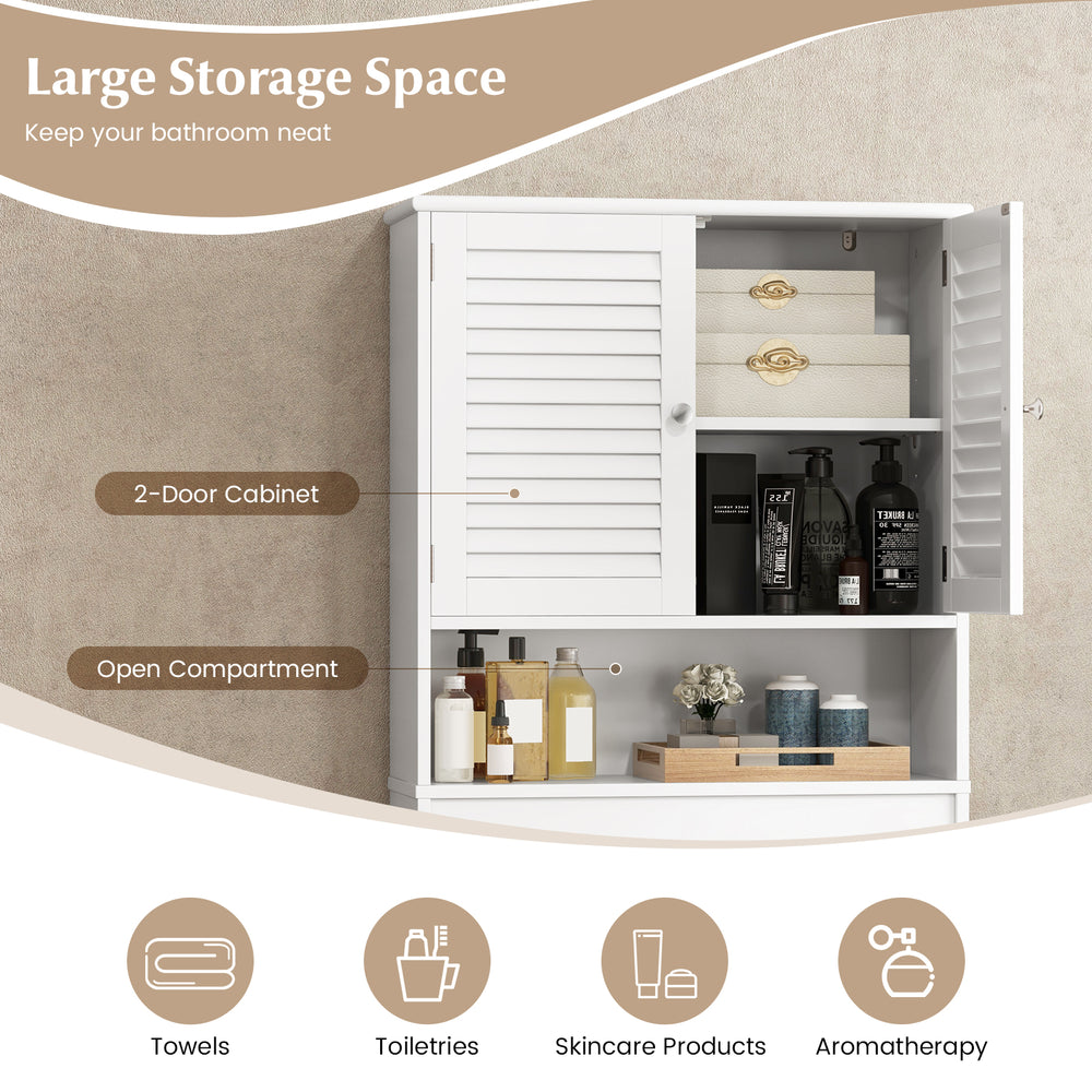 Over-the-toilet storage cabinet with double louvered doors, adjustable shelf, and modern design for organized bathroom.