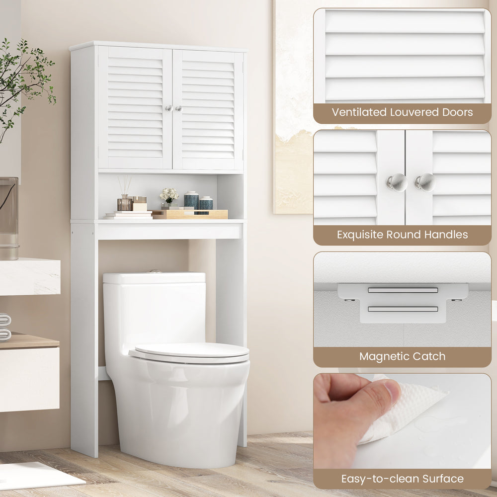 Over the toilet storage cabinet with double louvered doors, adjustable shelf, and modern design for efficient bathroom.