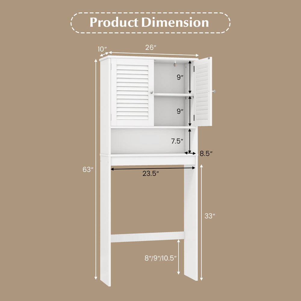 Over the toilet storage cabinet dimensions with adjustable shelf and double doors for efficient bathroom organization.