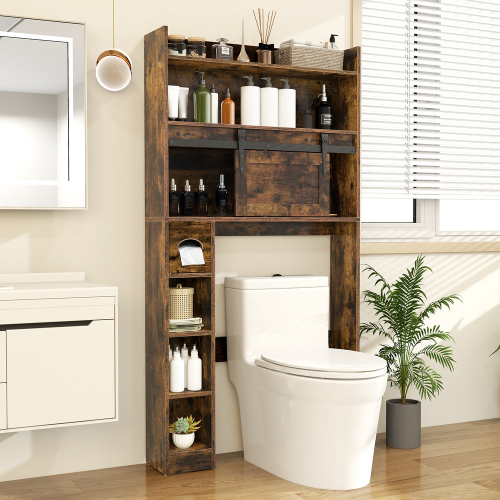 Over The Toilet Storage Cabinet with Sliding Barn Door and Adjustable Shelves-Rustic Brown - Gallery View 1 of 10