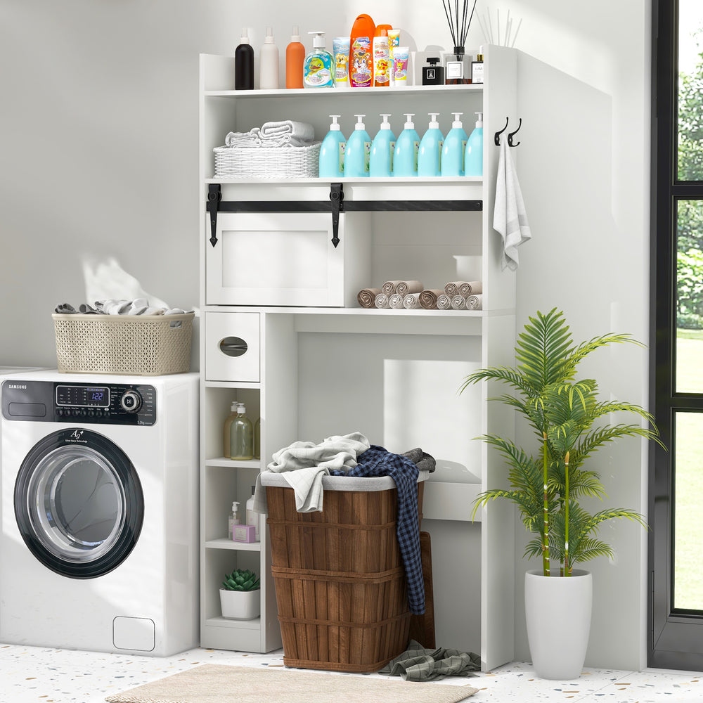 Over the toilet storage cabinet in white with a sliding barn door and spacious top shelf for organized bathroom storage.