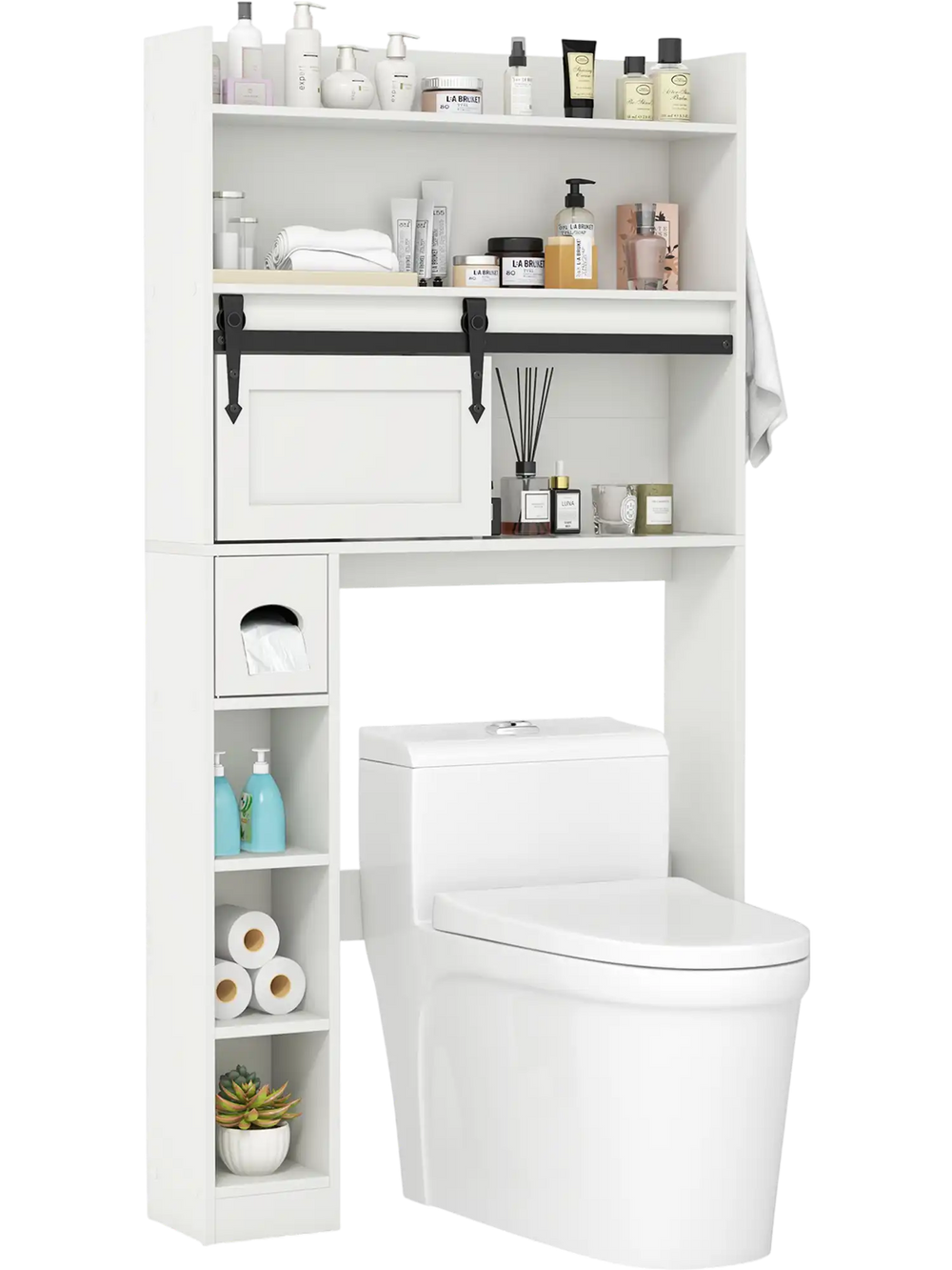 Over the toilet storage cabinet in white with adjustable shelves, sliding barn door, and hooks for organized bathroom.
