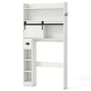 Over the toilet storage cabinet in white with sliding barn door, adjustable shelves, and hooks for bathroom.
