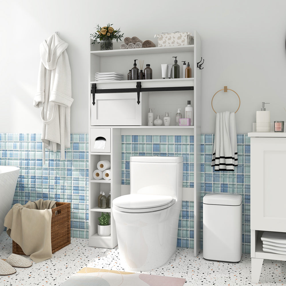 Over the toilet storage cabinet in white with sliding barn door and adjustable shelves for organized bathroom space.
