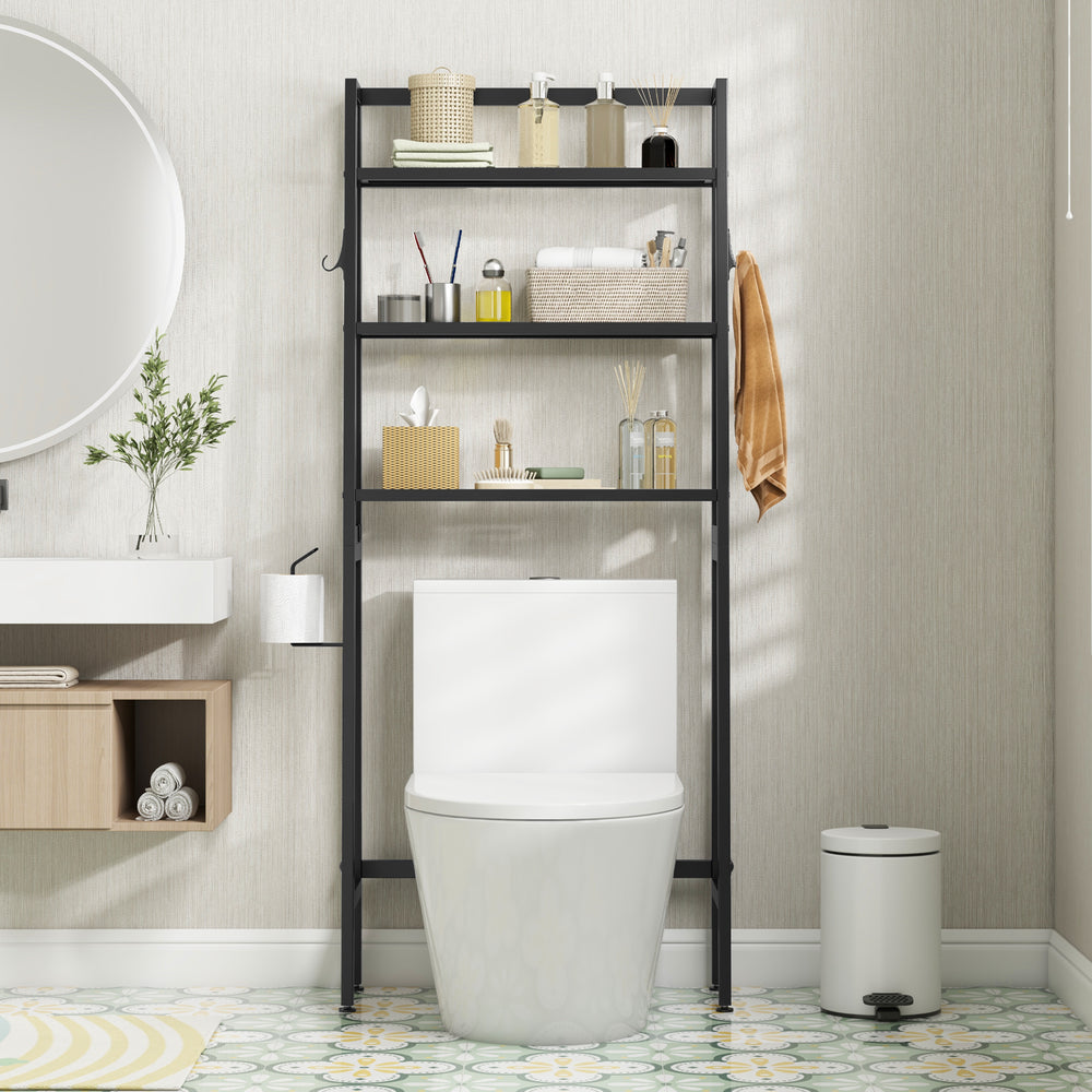 3-tier black over the toilet storage shelf with adjustable bottom bar, ideal for maximizing bathroom space and.