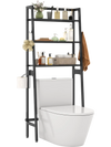 3-tier over-the-toilet storage shelf in black with adjustable bottom bar, perfect for maximizing bathroom space.