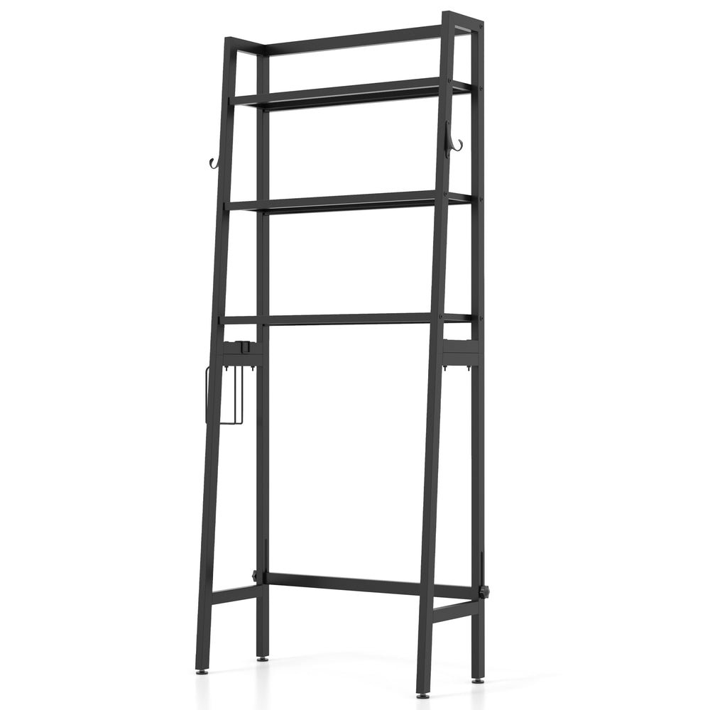 3-tier black over-the-toilet storage shelf with adjustable bottom bar, perfect for maximizing vertical space in.