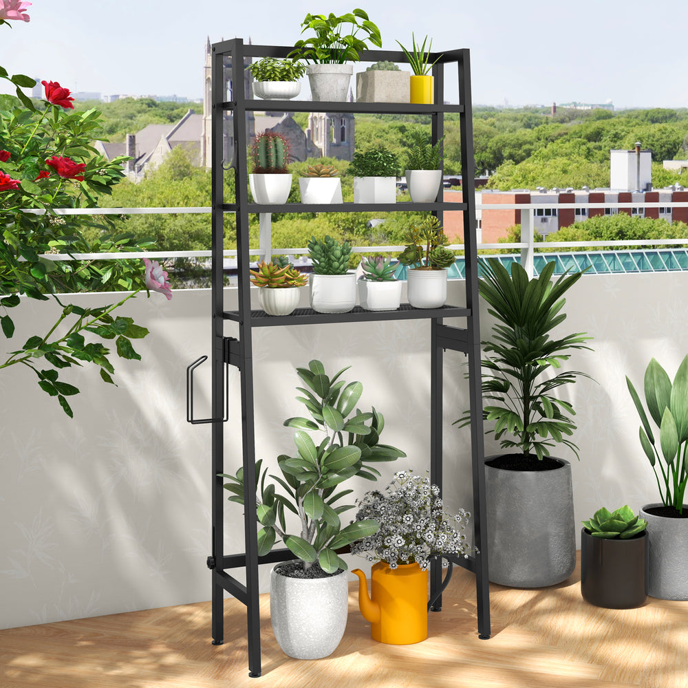 3-tier black storage shelf with adjustable bottom bar, ideal for bathrooms and maximizing vertical space.