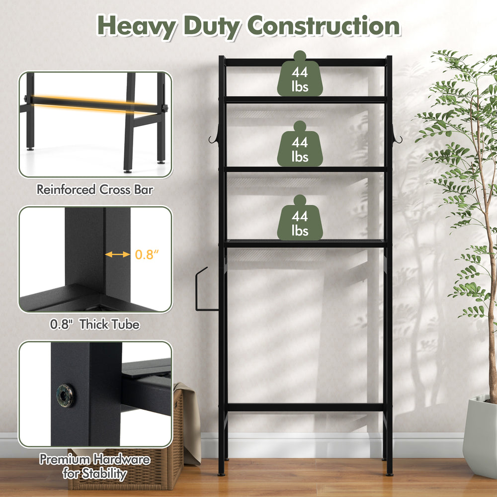 3-tier over the toilet storage shelf in black with adjustable bottom bar, perfect for maximizing bathroom space.