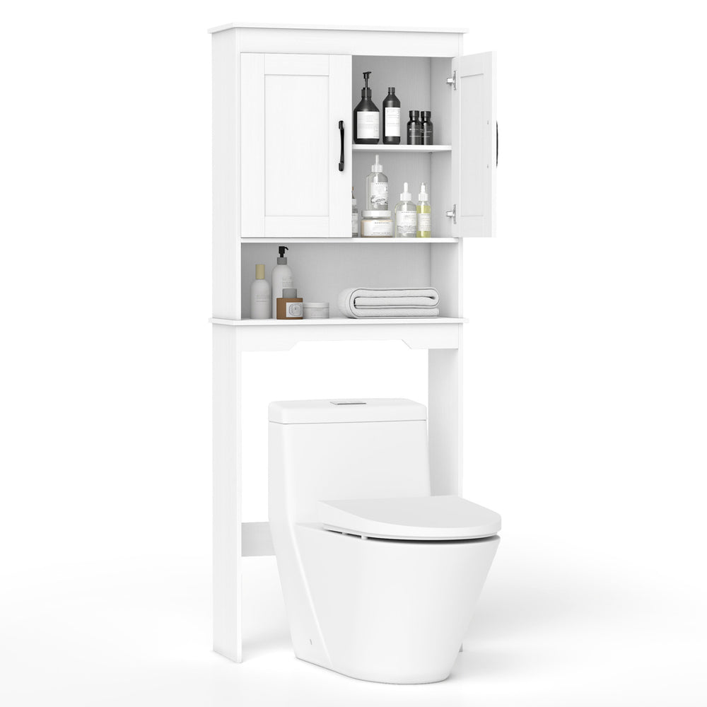 Over toilet space saver bathroom organizer in white with storage cabinet and adjustable shelf for efficient space use.