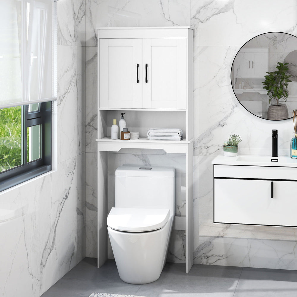 Over toilet space saver bathroom organizer in white, featuring a storage cabinet and adjustable shelf for efficient.