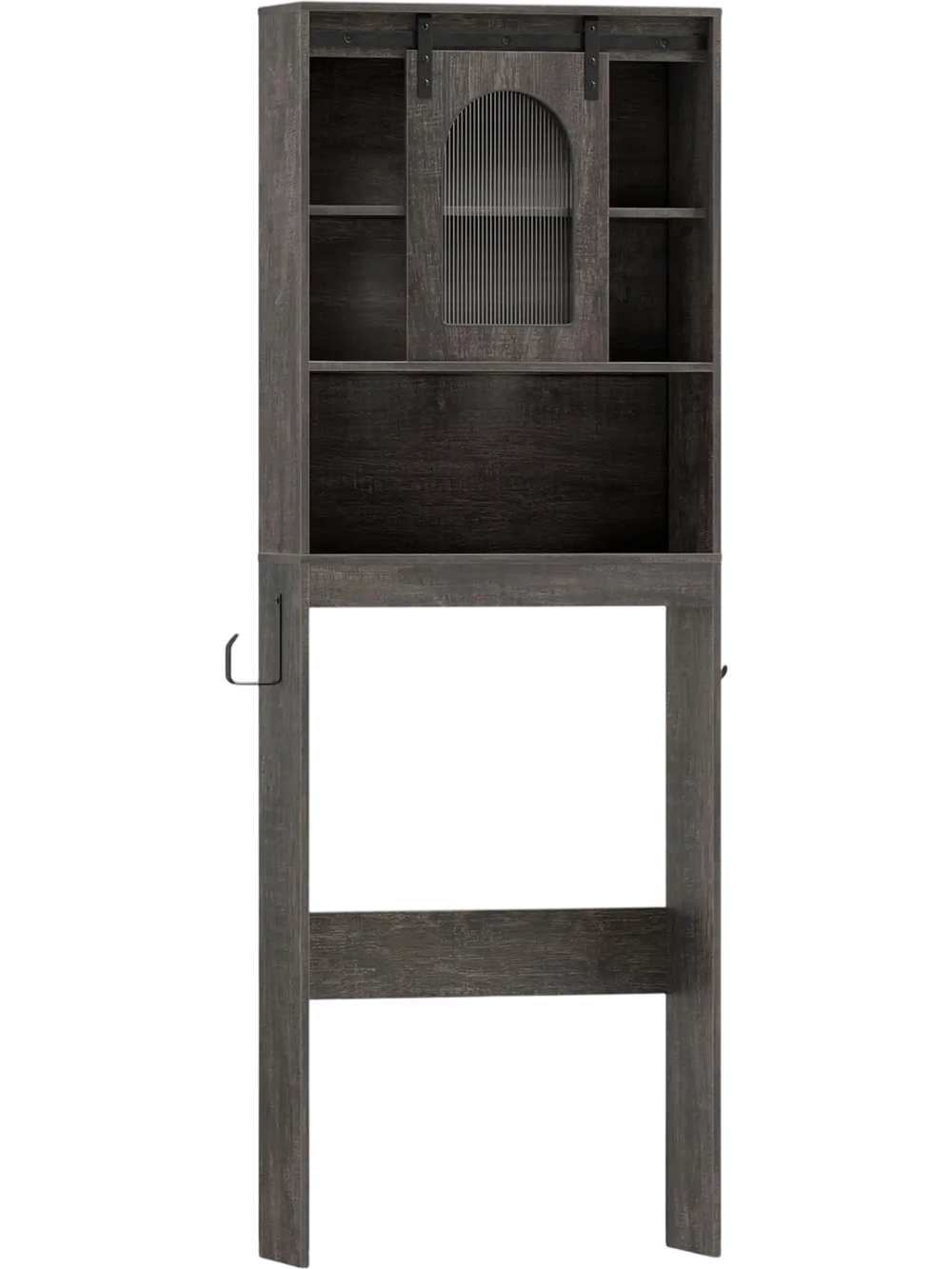 Over toilet storage cabinet in oak with sliding barn door and open shelves, perfect for organizing small bathrooms.