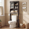 Over toilet storage cabinet with sliding barn door, open shelves, and side hooks for convenient bathroom organization.