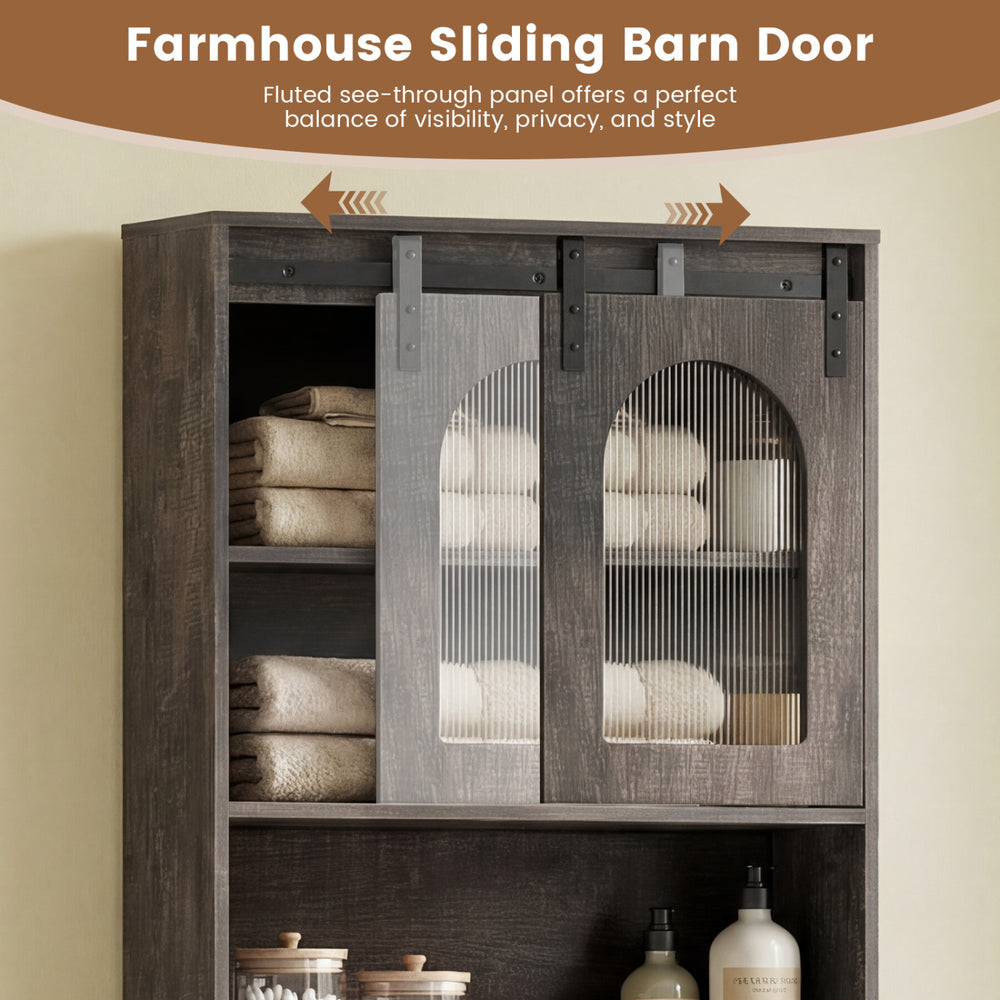 Over toilet storage cabinet with farmhouse sliding barn door, open shelves, and rustic oak finish for stylish bathroom.