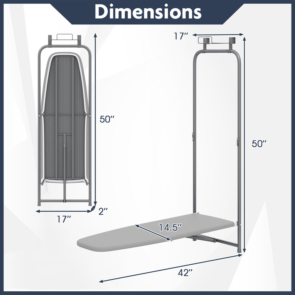 Over the door ironing board in gray, featuring a space-saving design and dimensions of 50" height and 42" length for.