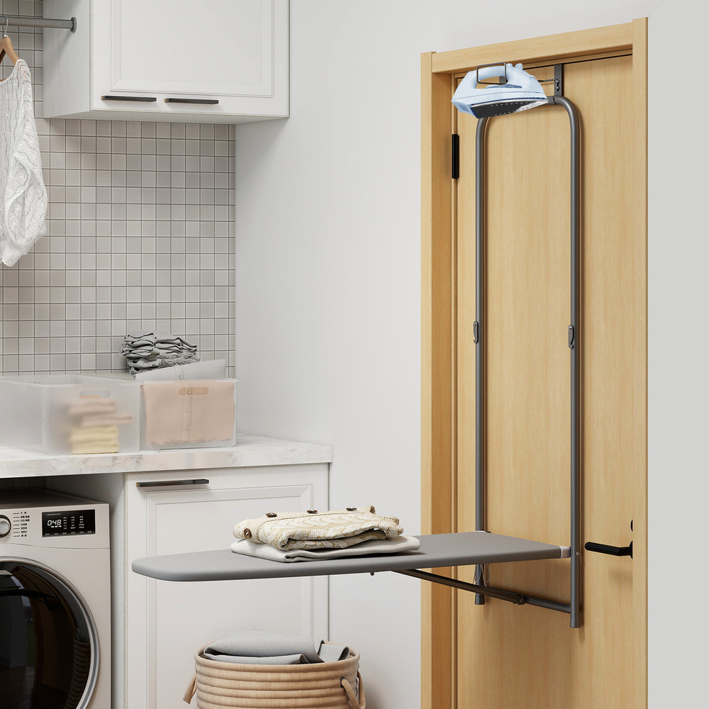 Over the door ironing board in gray with a metal frame, featuring a built-in iron holder for space-saving laundry use.