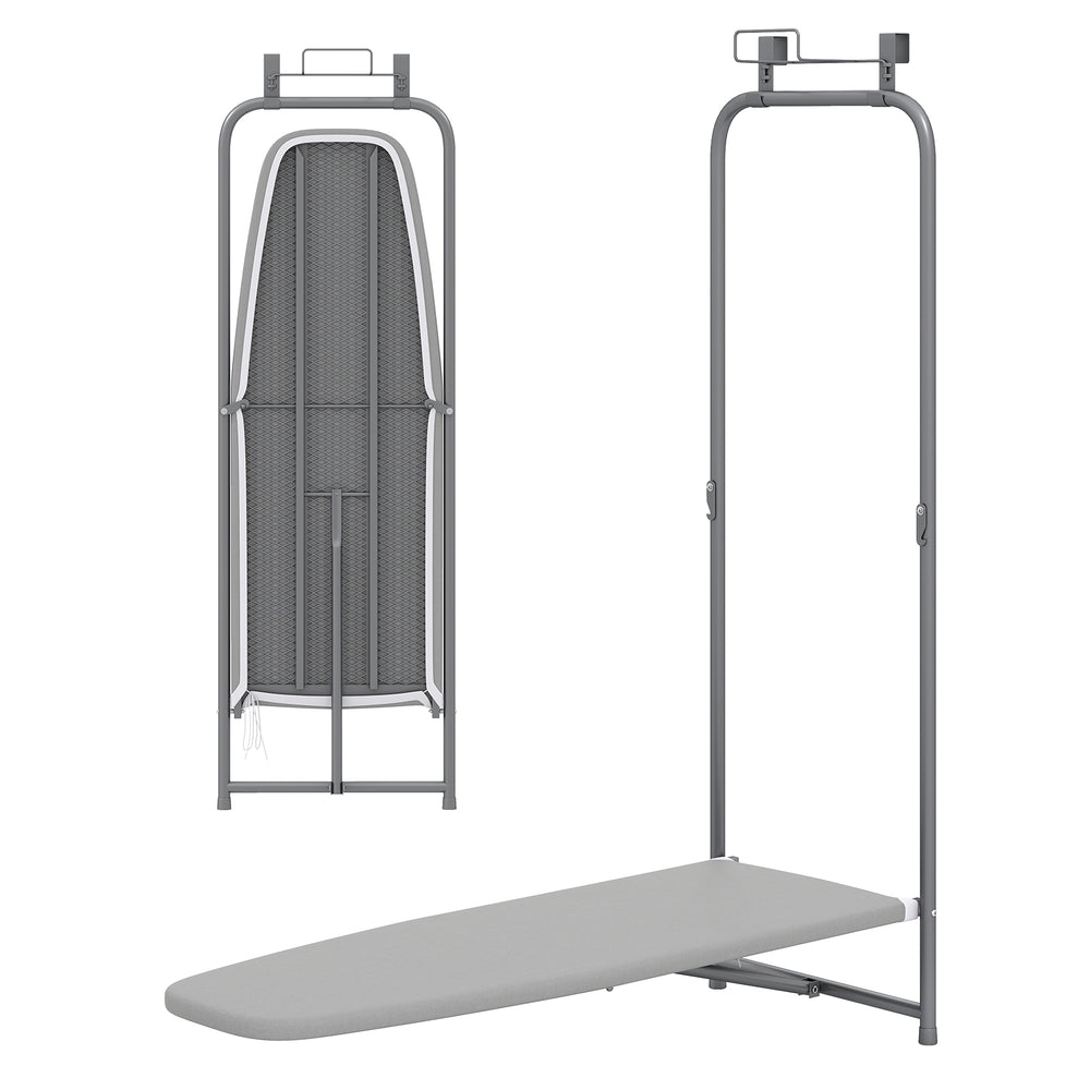 Over the door ironing board in gray with a space-saving design and built-in iron holder for convenient storage.