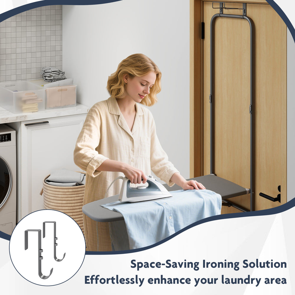 Over the door ironing board in gray, featuring a space-saving design and metal frame for laundry room convenience.