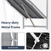 Heavy-duty metal frame of the space-saving gray ironing board with sturdy buckle for secure folding and stability.