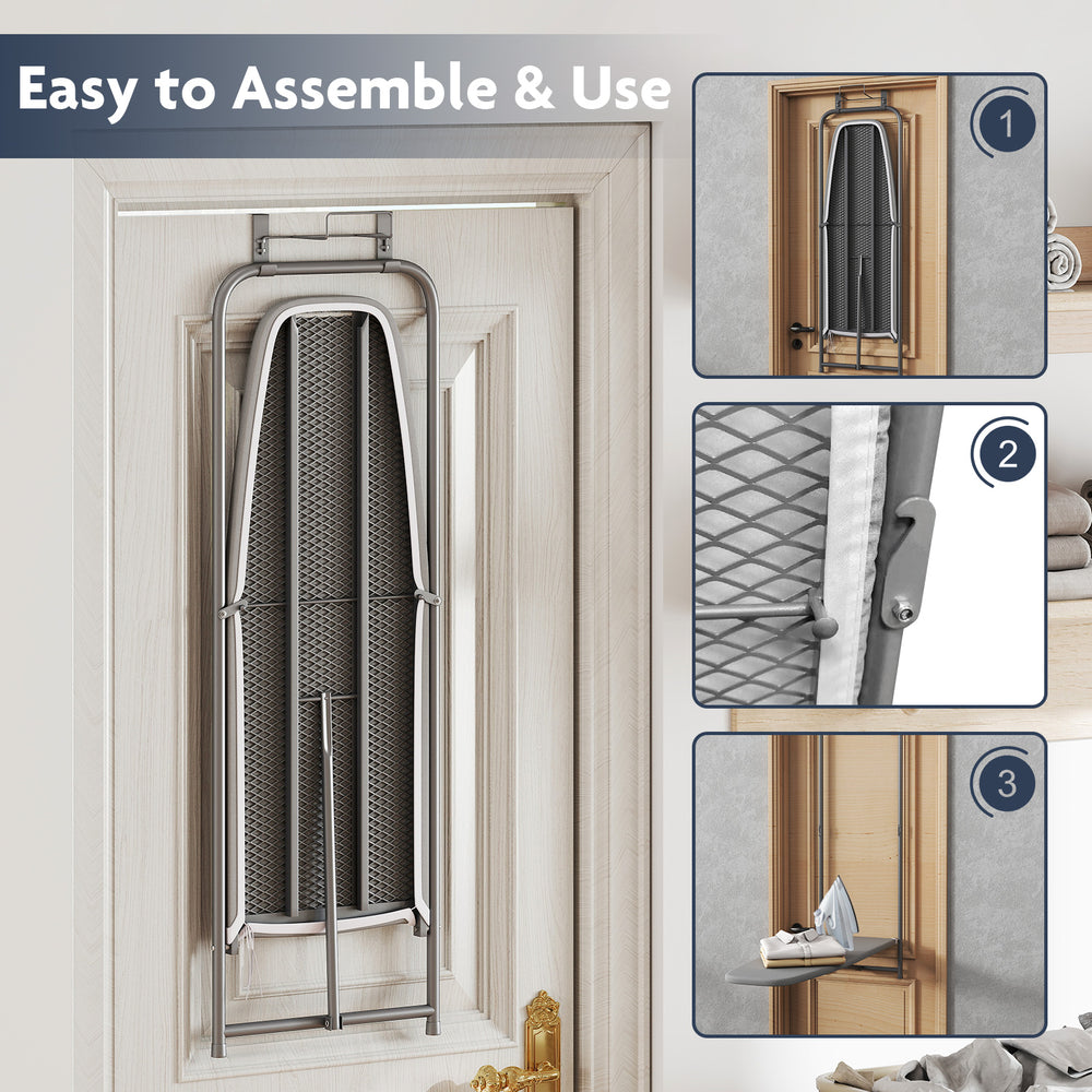 Over the door ironing board in gray, featuring a space-saving design and robust metal frame for easy storage and use.