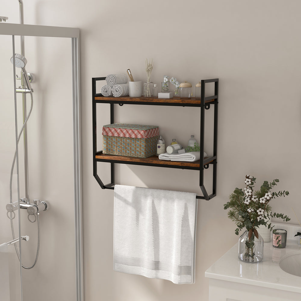 Wall-mounted over the toilet shelf with metal frame, featuring two open storage shelves and a round towel bar for.