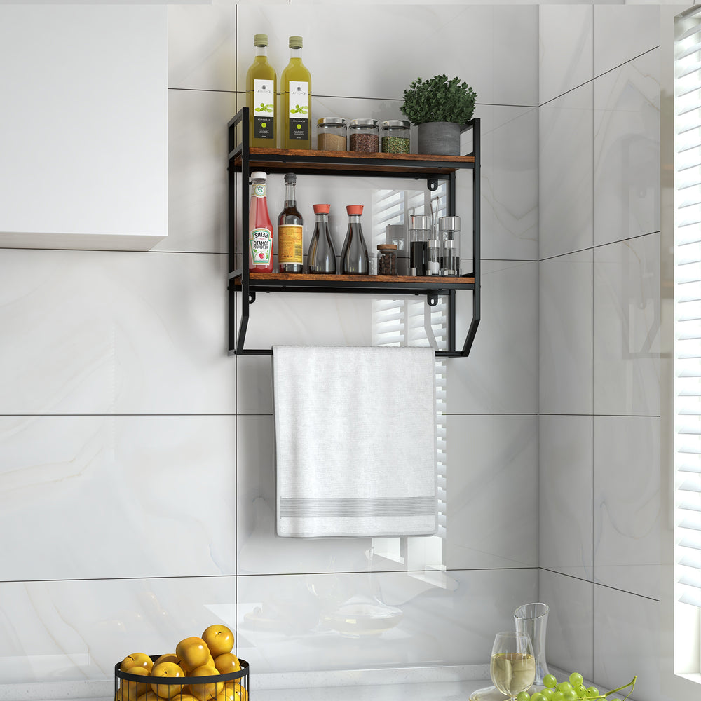 Wall-mounted over the toilet shelf with metal frame, featuring two open shelves and a towel bar for bathroom.