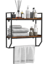 Wall-mounted over the toilet shelf with metal frame, featuring two open shelves and a round towel bar for bathroom.