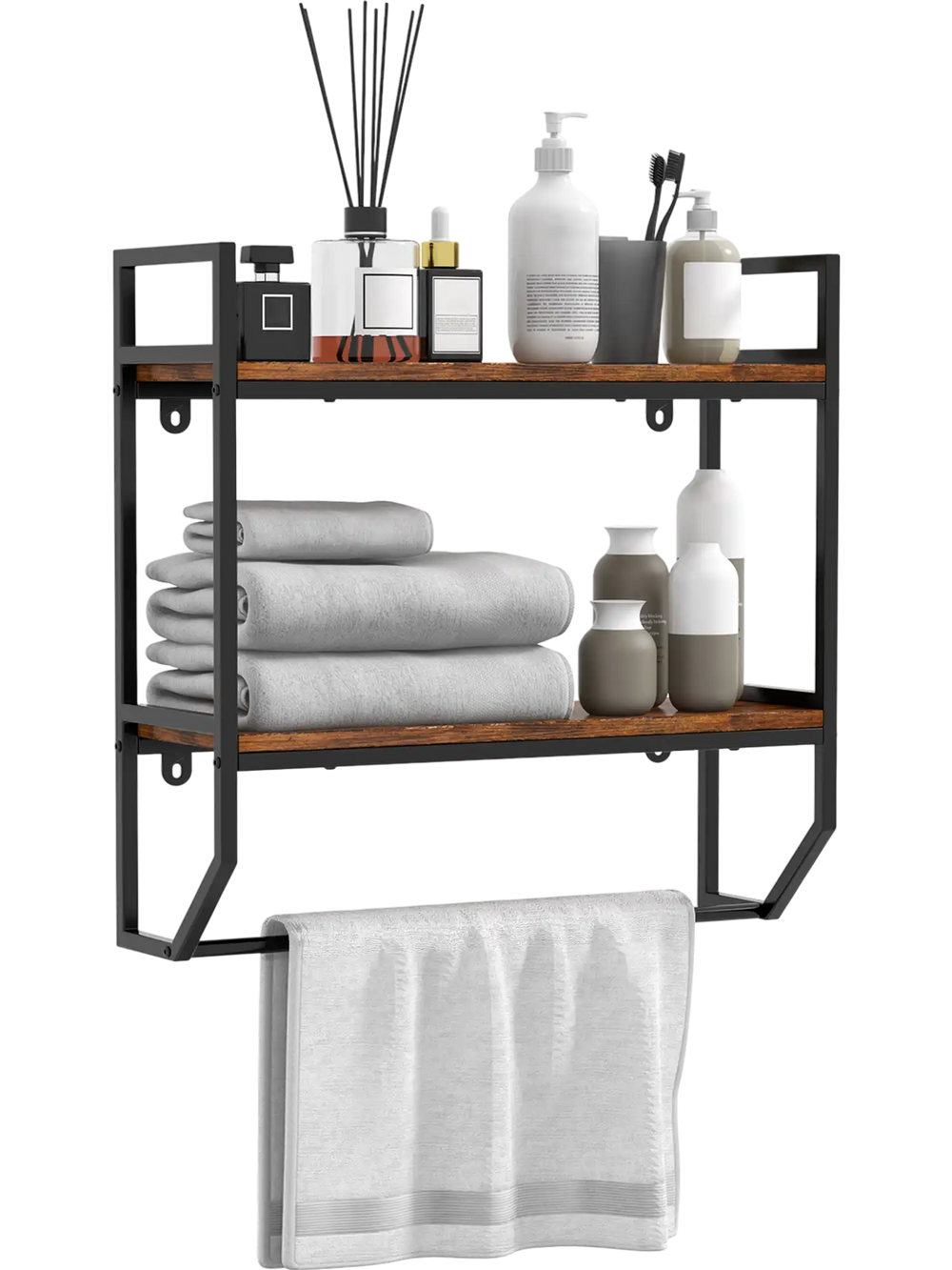 Wall-mounted over the toilet shelf with metal frame, featuring two open shelves and a round towel bar for bathroom.