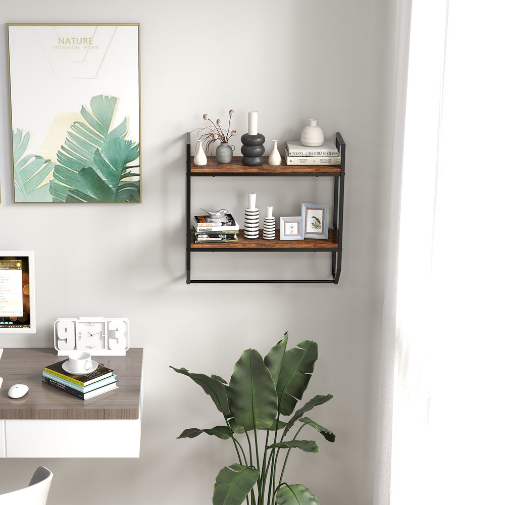 Wall-mounted over the toilet shelf with metal frame and two open storage shelves, ideal for bathroom organization.