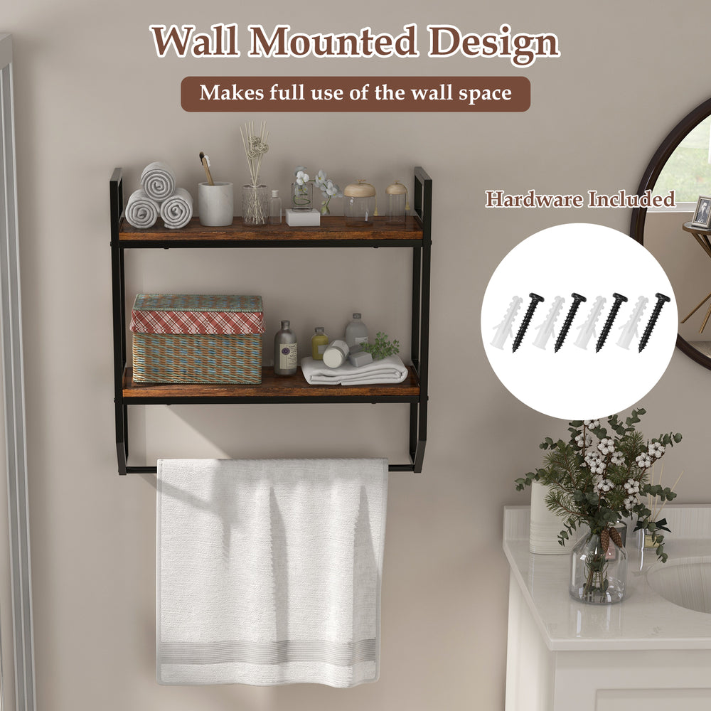 Wall-mounted shelf with a solid metal frame, showcasing a round towel bar and two open shelves for stylish bathroom.