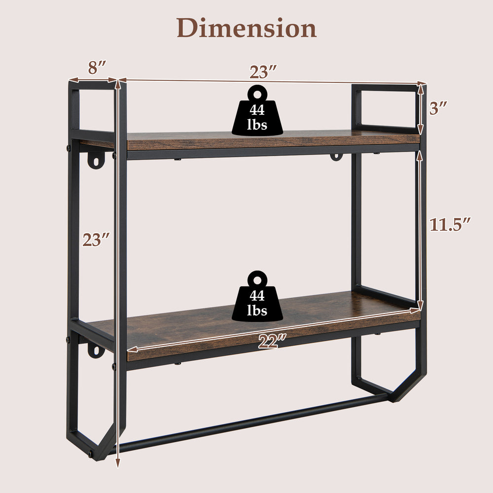Wall-mounted over the toilet shelf with metal frame, featuring two open storage shelves and a towel bar for bathroom.