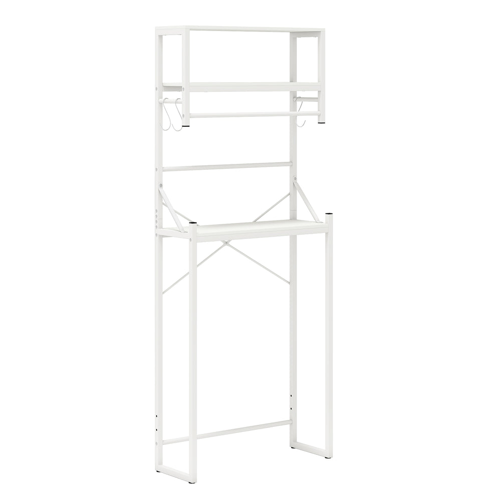 3-tier over the toilet storage rack in white with towel holder and hooks, ideal for small bathroom organization.
