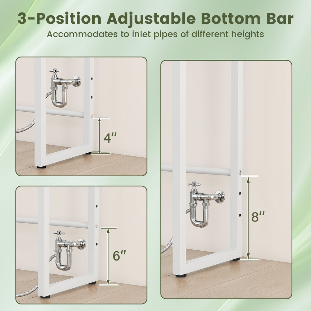 3-position adjustable bottom bar of the white over the toilet storage rack for accommodating different pipe heights.