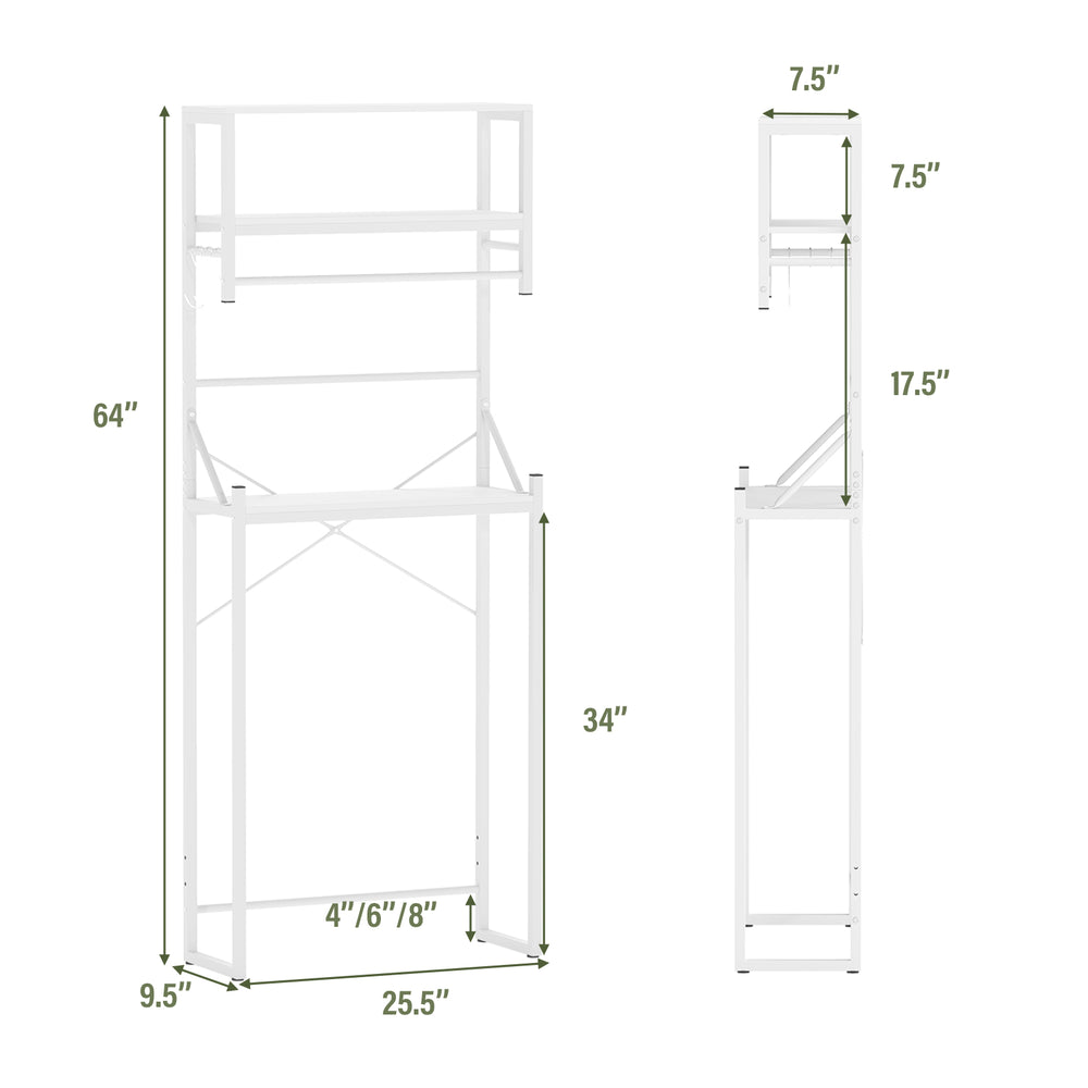 3-tier over the toilet storage rack in white with towel holder, adjustable bar, and hooks for small essentials.