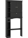 Over the toilet storage cabinet in black with adjustable shelf, featuring two doors and open side shelves for.