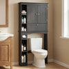 Over the toilet storage cabinet in black with adjustable shelf and bottom bar, ideal for maximizing bathroom space.