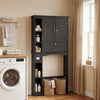 Black over the toilet storage cabinet featuring adjustable shelf and bottom bar, ideal for bathroom organization.