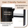 Over the toilet storage cabinet in black featuring an adjustable shelf and height-adjustable bottom bar for versatile.