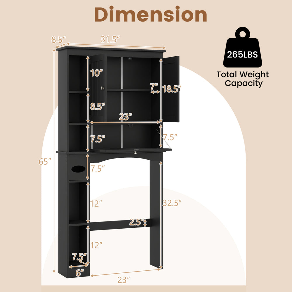 Over the toilet storage cabinet in black with adjustable shelf, dimensions shown for optimal space utilization.