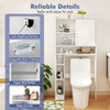 Over-the-toilet storage cabinet in white with sliding door, featuring adjustable shelves and a toilet paper holder for.